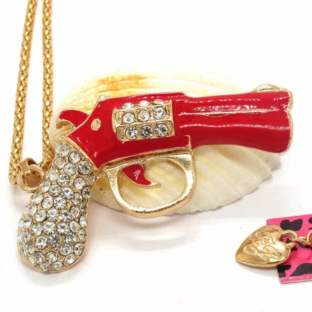 Gold Plated Red Crystal Gun/Pistol Pendant Necklace